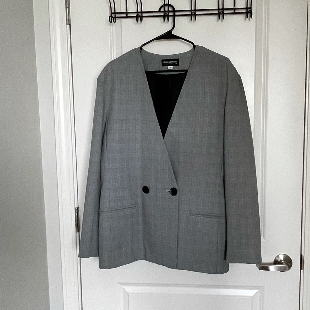Checked Houndstooth Pattern Collarless Blazer